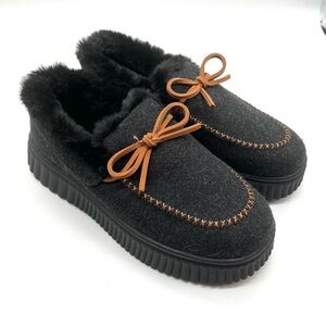Skechers Cozy Ojai Moccasin Slippers Women's 7.5 Black Faux Fur Lined Winter